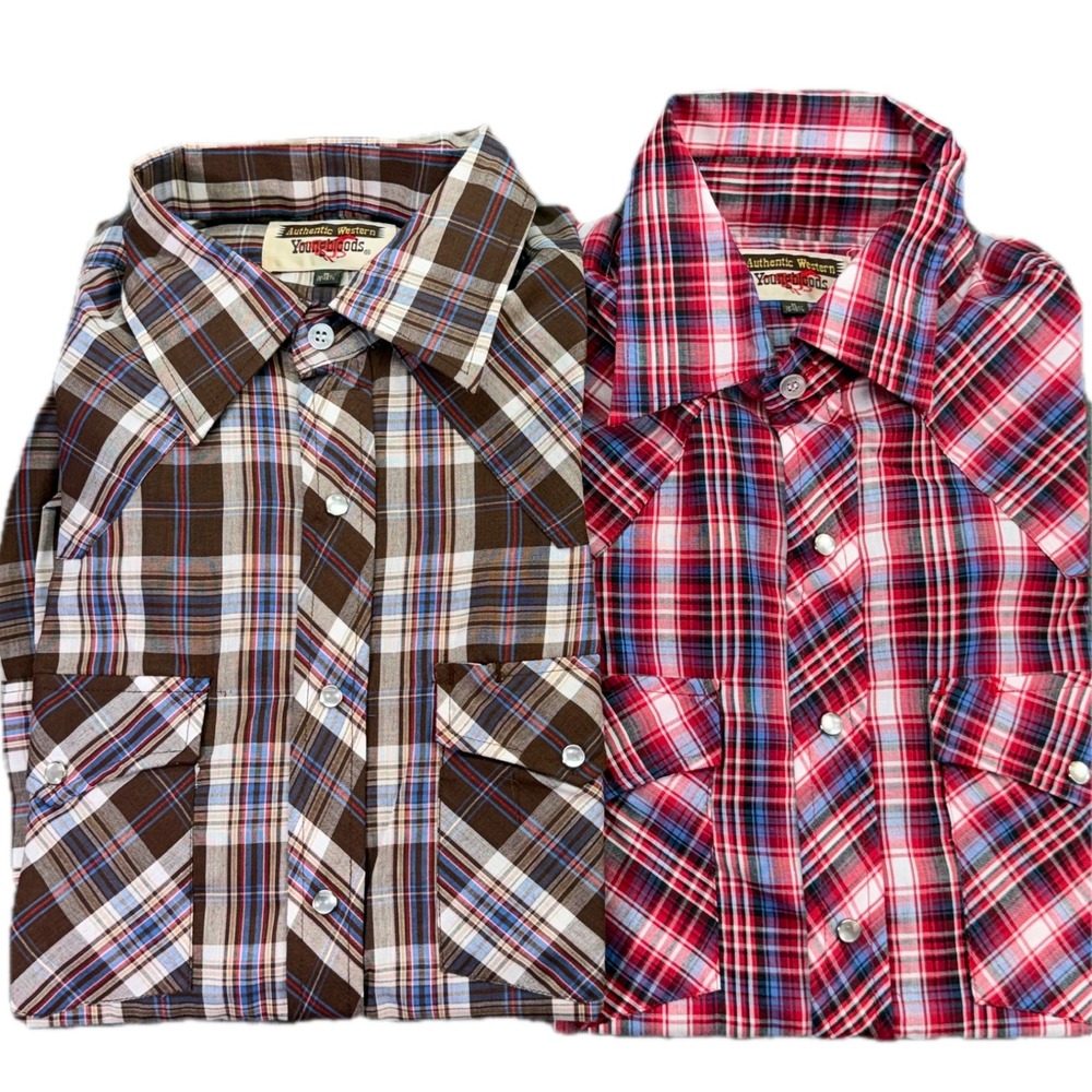 Youngbloods Western Shirt Men M Brown Red Plaid Pearl Snap Lot of 2 4396